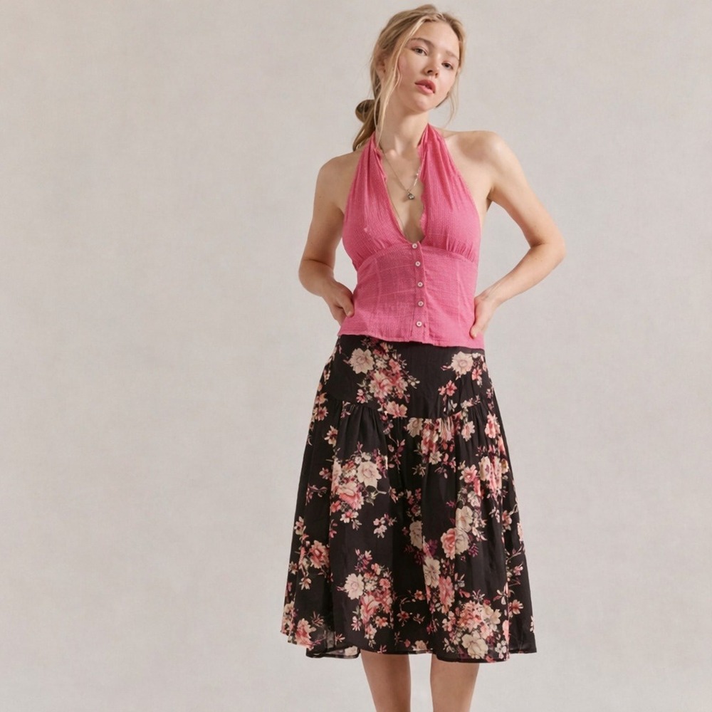 Floral Silk Midi Skirt Size 12 Brown Pink Y2K‎ Ruffle Fairy Romantic Feminine
